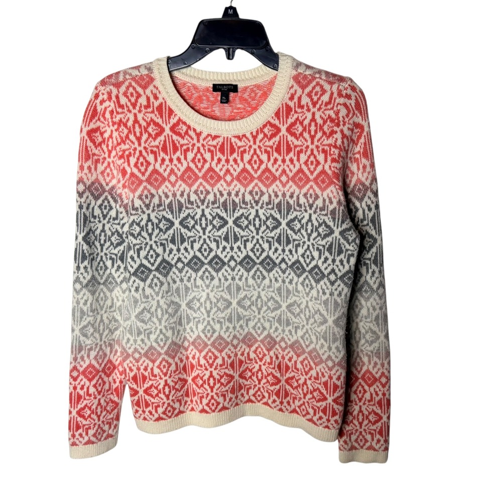 Talbots Petites Fair Isle Sweater Coral Grey Lambswool Blend Size MP